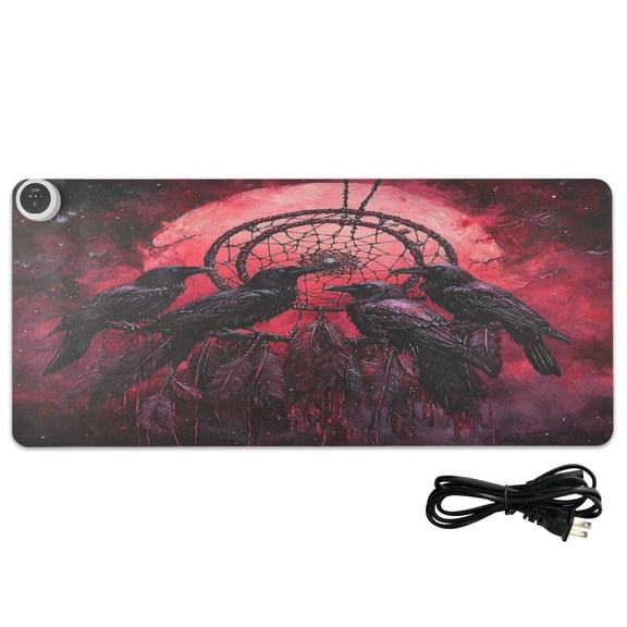Wobogo Red Moon Crow Heated Mouse Pad Extra-Large Desk Mat With 3 Heating Levels and 3-hour Auto Shut-Off Protection Ideal for Computer Keyboards Home Office Hand-warming Essential 31.5in 13in