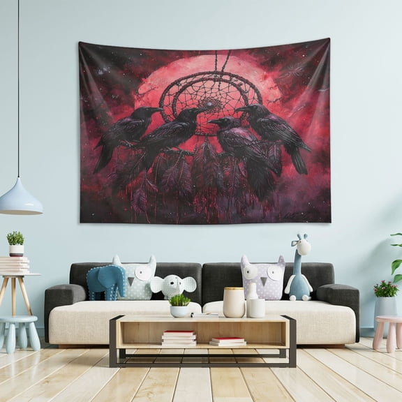 Wobogo Red Moon Crow Tapestry 80x60in Home Living Room Bedroom Wall Hanging Ornaments