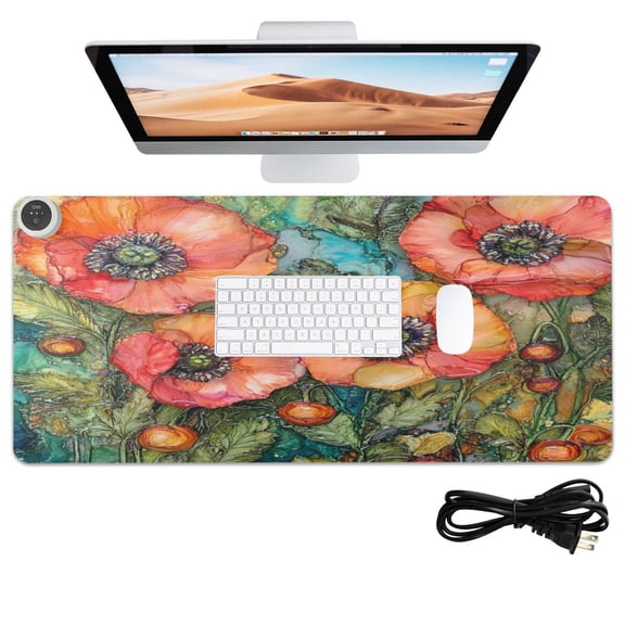 Wobogo Red Poppies Heated Mouse Pad Extra-Large Desk Mat With 3 Heating Levels and 3-hour Auto Shut-Off Protection Ideal for Computer Keyboards Home Office Hand-warming Essential 31.5in  13in