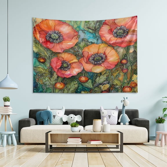 Wobogo Red Poppies Tapestry 60×40in Home Living Room Bedroom Wall Hanging Ornaments