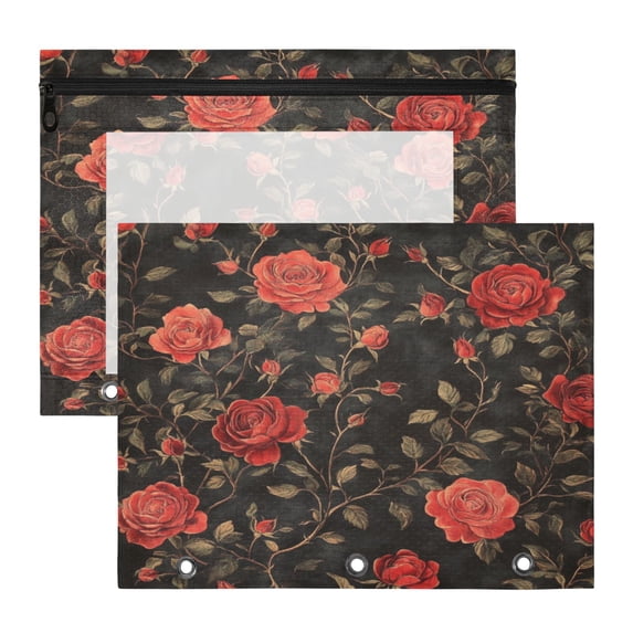 Wobogo Red Rose A4 Size Clear Polyester File Pocket Set of 2 Zipper Home Work Office Organizer