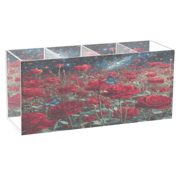 Wobogo Red Roses Acrylic Pen Holder 4 Compartments Clear Pencil Organizer Makeup Brush Storage Case