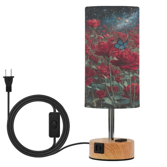 Wobogo Red Roses Bedside Lamp Touch Control Table Lamp with USB A+C Charging Ports & AC Outlet 3-Way Dimmable Nightstand Lamp with Linen Fabric Shade for Bedroom Living Room