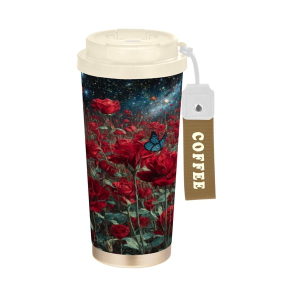 Wobogo Red Roses Double Drinking Coffee Cup Insulated Mug with Food-grade 316 Stainless Steel Beige Lid