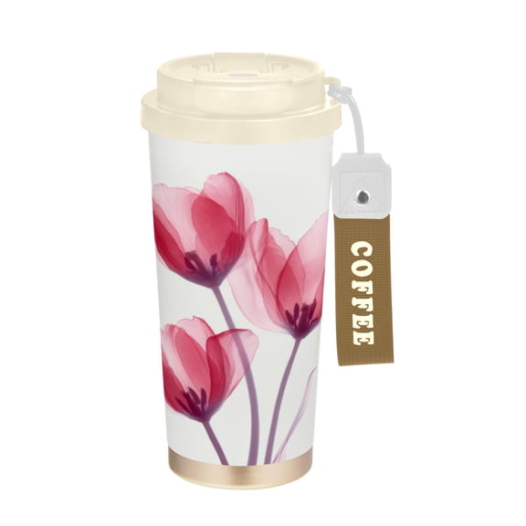Wobogo Red Tulips Double Drinking Coffee Cup Insulated Mug with Food-grade 316 Stainless Steel Beige Lid