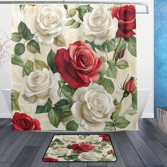 Wobogo Red White Rose Pattern Bathroom Shower Curtain Set with Floor Mat and Hooks Ultra Waterproof Visible Slider Beads