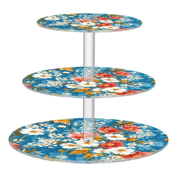Wobogo Red and White Nostalgic Flowers 3 Tier Acrylic Cake Stand with Clear Round Hold for Wedding Holiday Birthday Baby Shower Tea Party