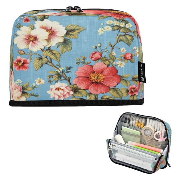 Wobogo Red and White Vintage Flowers Large Capacity Durable Zippered Pencil Case Portable Stationery Storage Organizer Bag for Study Office Travel
