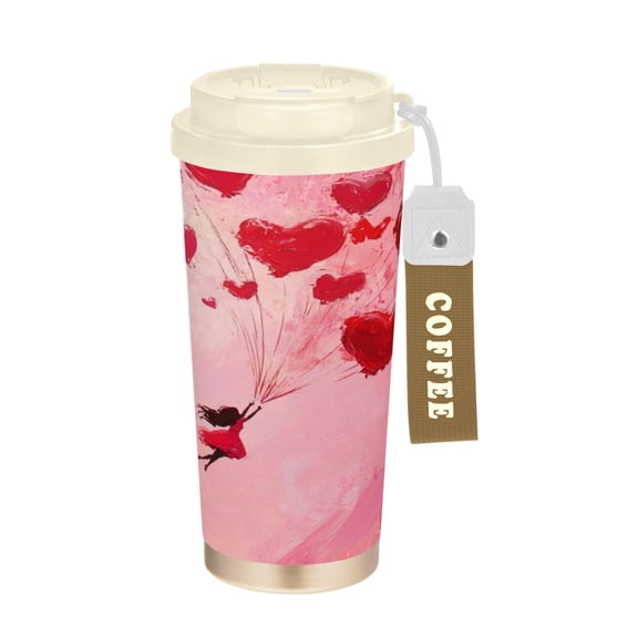 Wobogo Release Red Heart Balloon Double Drinking Coffee Cup Insulated Mug with Food-grade 316 Stainless Steel Beige Lid