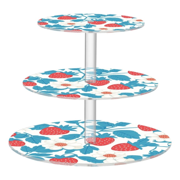 Wobogo Retro Strawberry and Daisy Pattern 3 Tier Acrylic Cake Stand with Clear Round Hold for Wedding Holiday Birthday Baby Shower Tea Party