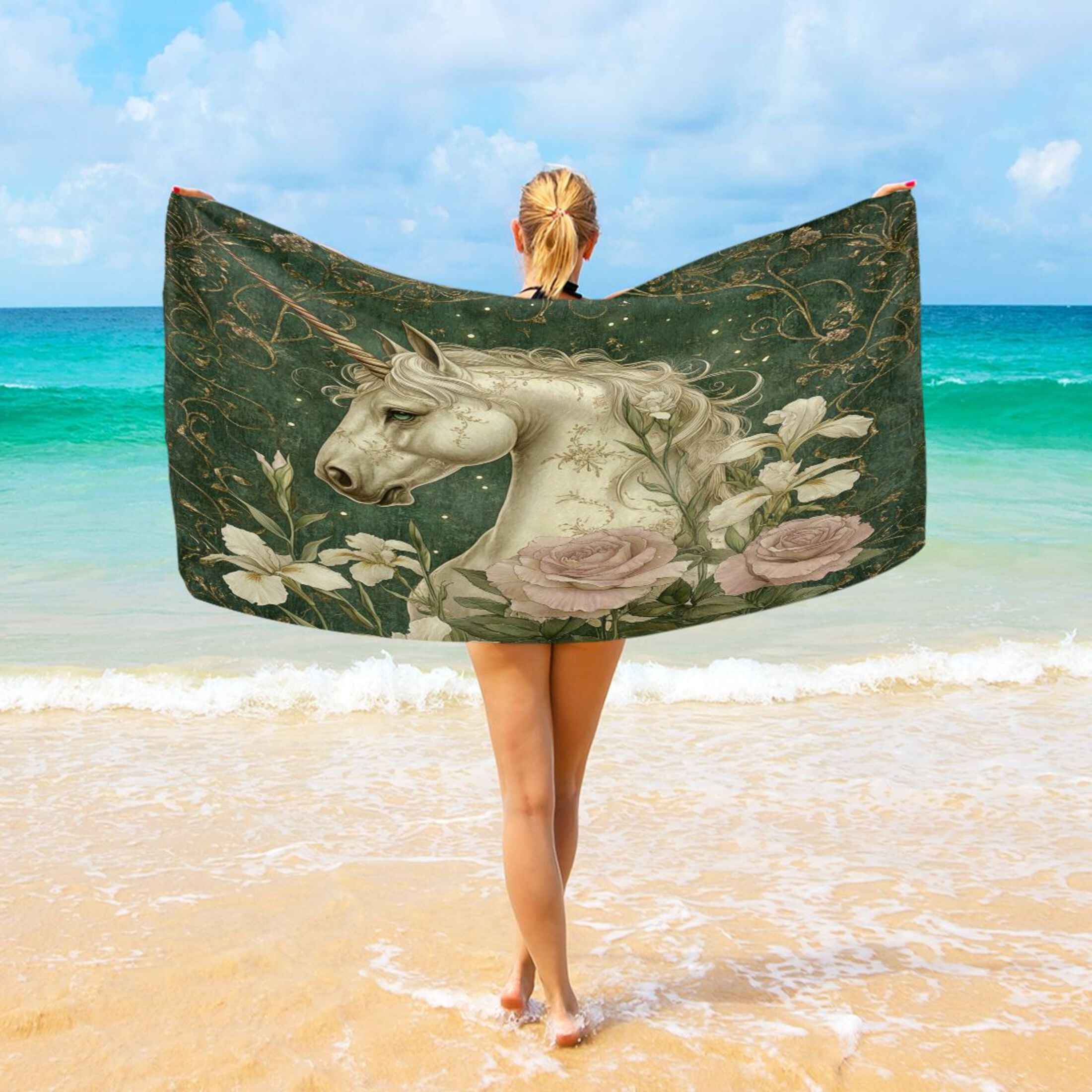 Wobogo Retro Unicorn Beach Towel Sand Free Quick Dry Absorbent Thin Compact Towels for Vacation Trips to Swimming Pool Camping Beaches