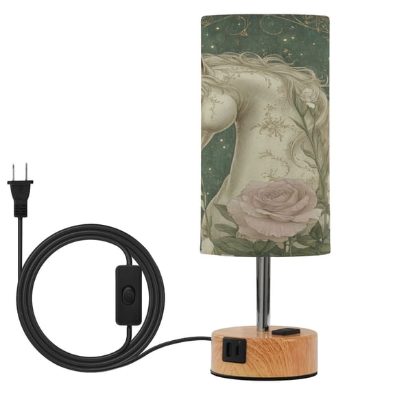 Wobogo Retro Unicorn Bedside Lamp Touch Control Table Lamp with USB A+C Charging Ports & AC Outlet 3-Way Dimmable Nightstand Lamp with Linen Fabric Shade for Bedroom Living Room