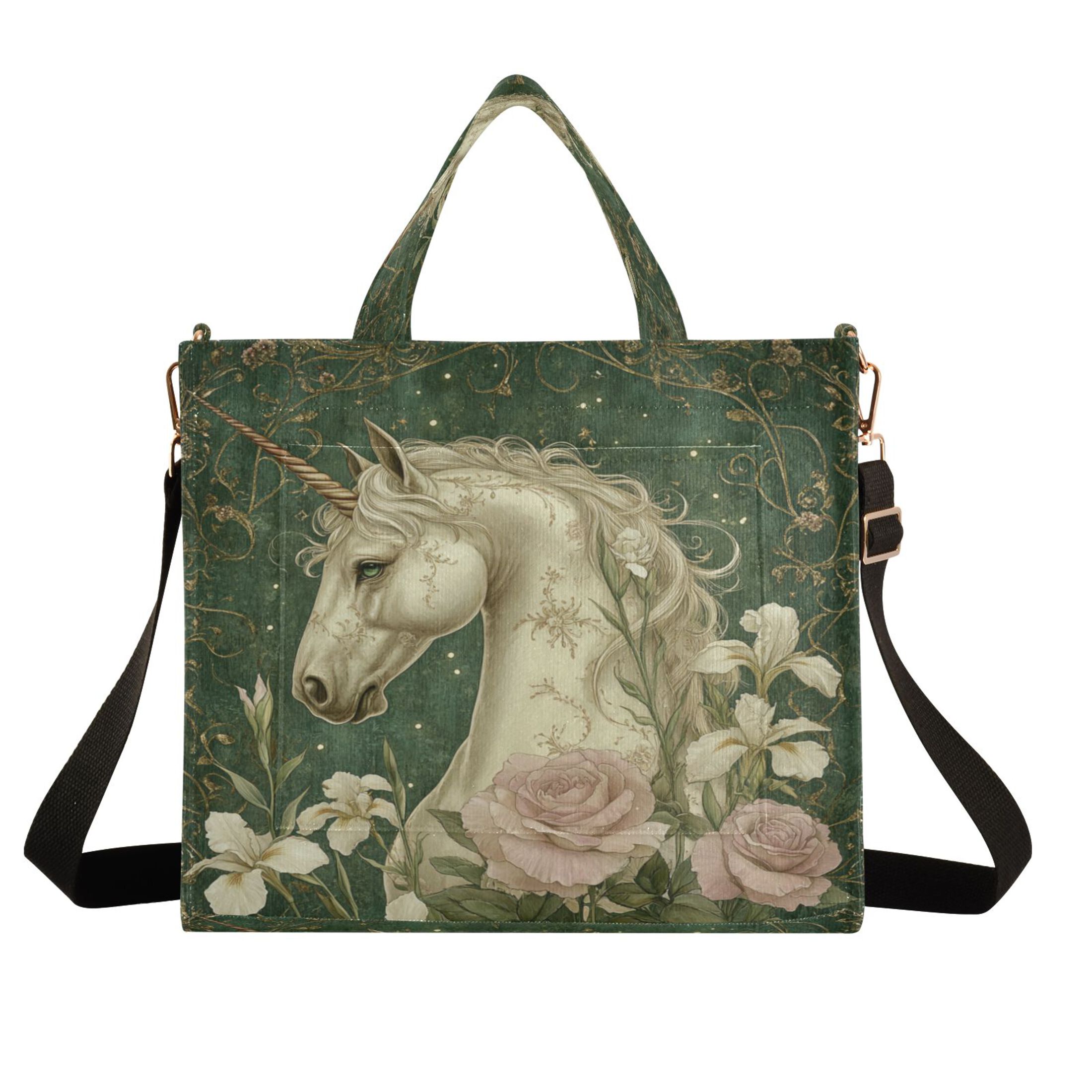 Wobogo Retro Unicorn Corduroy Tote Bag for Women Travel Crossbody Bag Purse Women Shoulder Bags Work Handbags Daily Commuter Bag 10.2×9inch