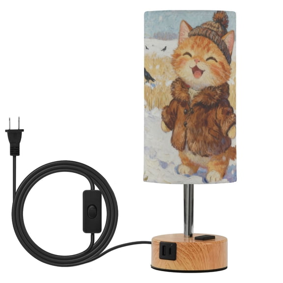 Wobogo Rice Field Kittens Bedside Lamp Touch Control Table Lamp with USB A+C Charging Ports & AC Outlet 3-Way Dimmable Nightstand Lamp with Linen Fabric Shade for Bedroom Living Room