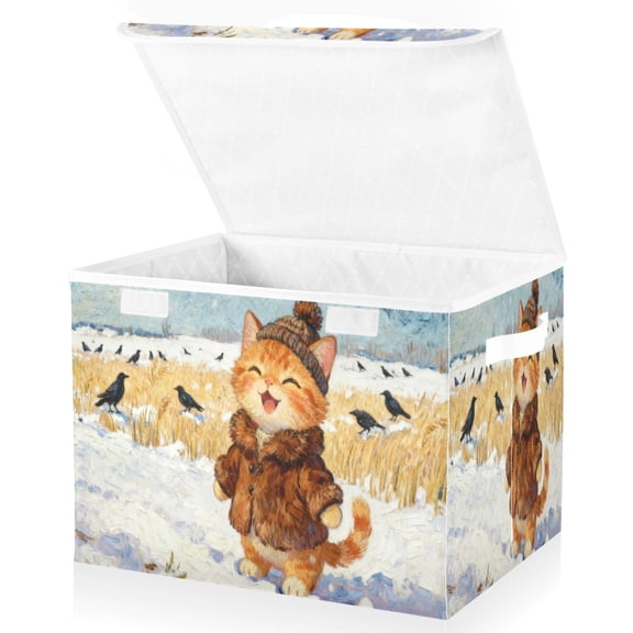 Wobogo Rice Field Kittens Large Collapsible Storage Box Flip Lid Fabric Decorative Organizer Container Basket with Handles 16.512.611.8in
