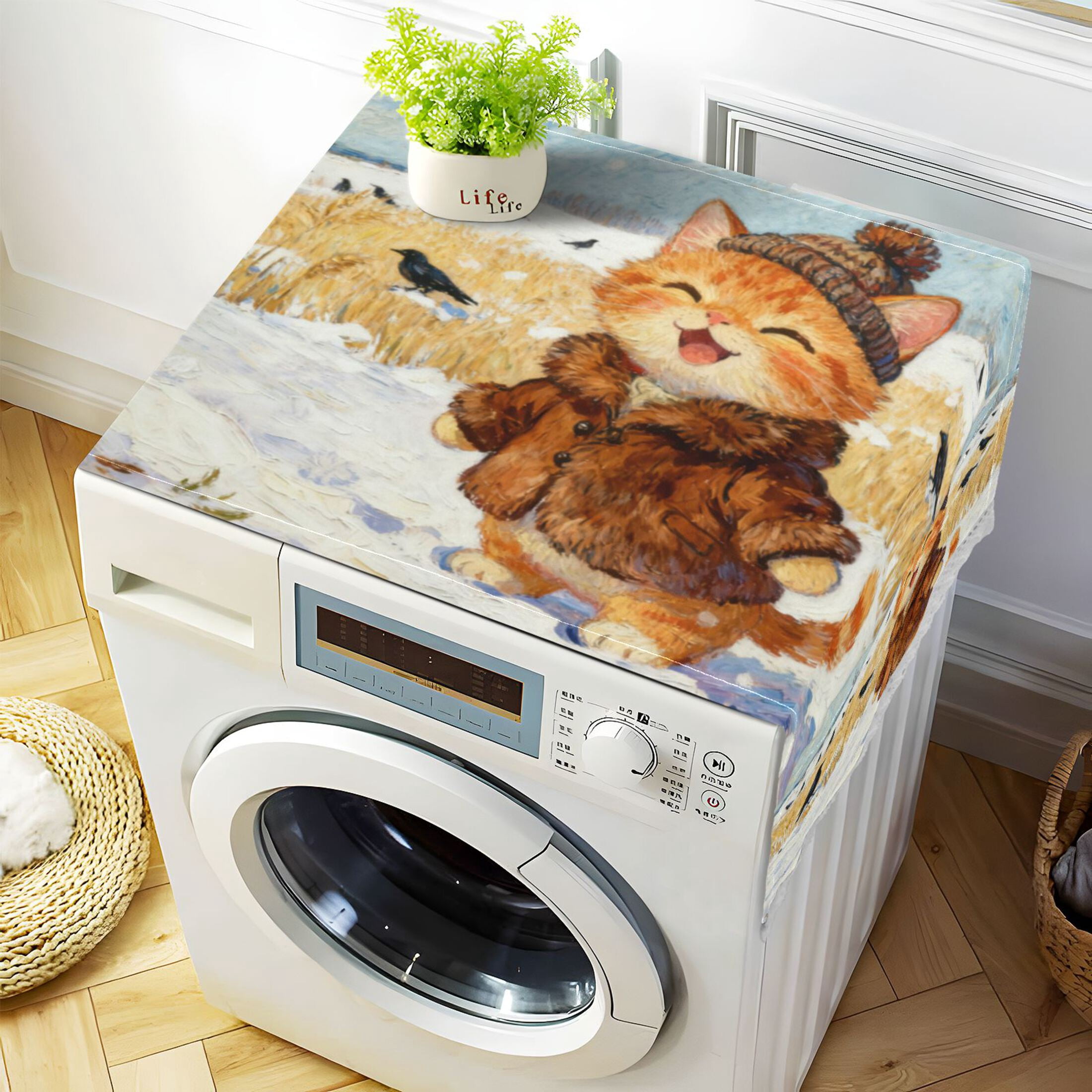 Wobogo Rice Field Kittens Washing Machine Cover Dustproof Washer Dryer Cover Waterproof Laundry Room Decorative Protector