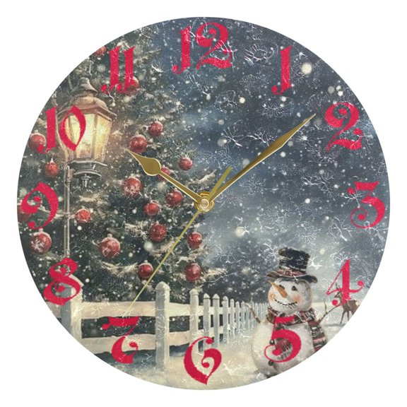 Wobogo Roadside Snowman Wall Clock 10in Silent Mechanism Battery Operated Retro Style for Living Room Bedroom and Kitchen Gold Pointer