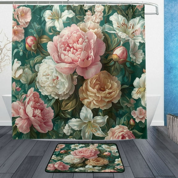 Wobogo Rococo Floral Bathroom Shower Curtain Set with Floor Mat and Hooks Ultra Waterproof Visible Slider Beads