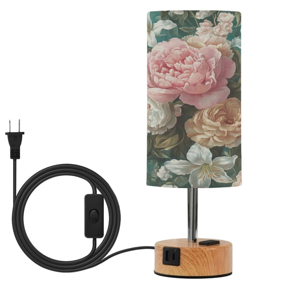 Wobogo Rococo Floral Bedside Lamp Touch Control Table Lamp with USB A+C Charging Ports & AC Outlet 3-Way Dimmable Nightstand Lamp with Linen Fabric Shade for Bedroom Living Room