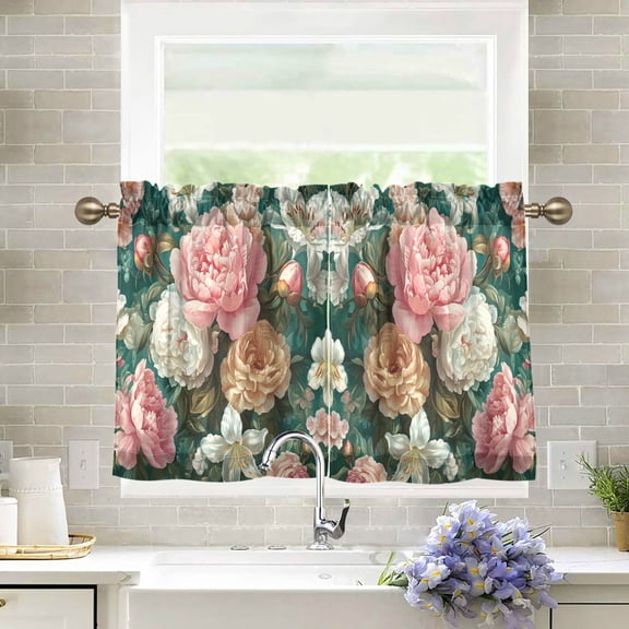 Wobogo Rococo Floral Kitchen Curtains 2 Piece Set Farmhouse Country Style Light Filtering Small Window Drapes Suitable for Bathroom Laundry Room and RV 27x24in