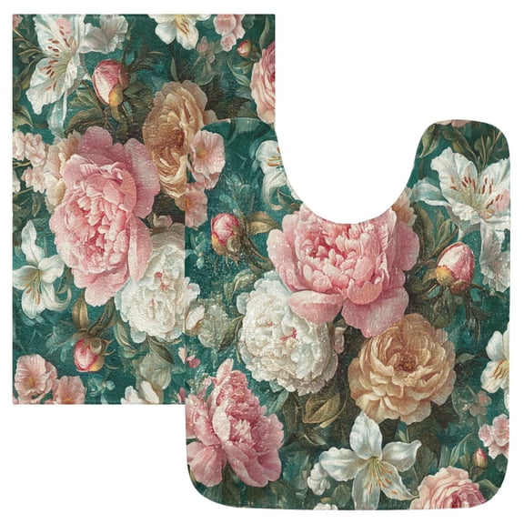 Wobogo Rococo Floral U-Shaped Toilet Bath Mat Set Super Soft Absorbent Quick Dry Memory Foam Non Slip Bathroom Rugs for Tub Shower and Single Sink