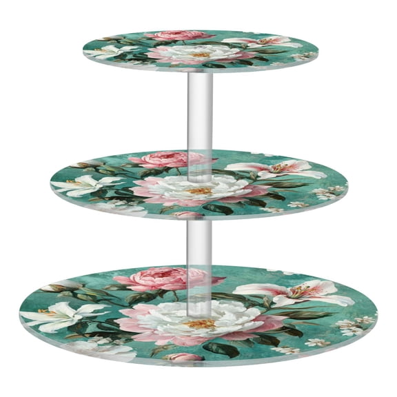 Wobogo Rococo Florals 3 Tier Acrylic Cake Stand with Clear Round Hold for Wedding Holiday Birthday Baby Shower Tea Party