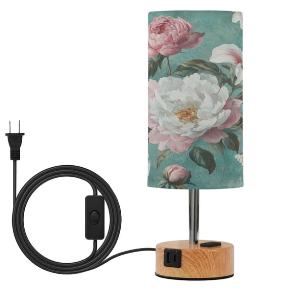 Wobogo Rococo Florals Bedside Lamp Touch Control Table Lamp with USB A+C Charging Ports & AC Outlet 3-Way Dimmable Nightstand Lamp with Linen Fabric Shade for Bedroom Living Room