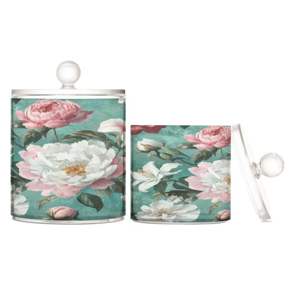 Wobogo Rococo Florals Clear Plastic Jar Large and Medium Combo Set Cotton Swabs Balls Dental Floss Sticks Cosmetic Storage Can
