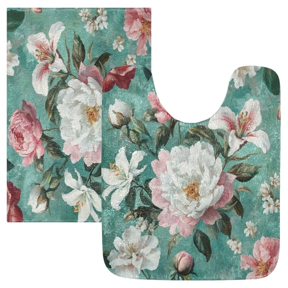 Wobogo Rococo Florals U-Shaped Toilet Bath Mat Set Super Soft Absorbent Quick Dry Memory Foam Non Slip Bathroom Rugs for Tub Shower and Single Sink