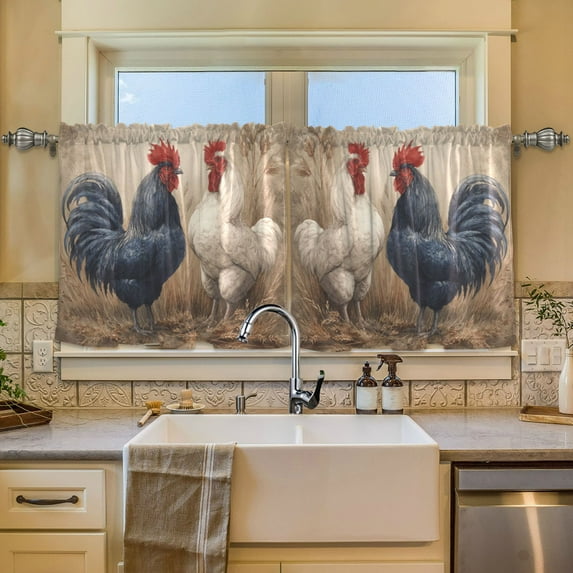 Wobogo Rooster Kitchen Curtains 2 Piece Set Symmetrical Design Light Filtering Small Window Drapes Suitable for Bathroom Laundry Room and RV 57x24in