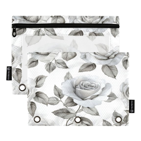 Wobogo Rose Pattern in Gray and White Tones Pencil Pouch with 3 Ring Binder Holes Set of 2 for Learning Tools