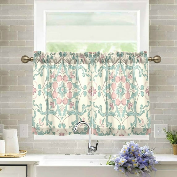 Wobogo Rose Red Boho Pattern Kitchen Curtains 2 Piece Set Farmhouse Country Style Light Filtering Small Window Drapes Suitable for Bathroom Laundry Room and RV 27x24in