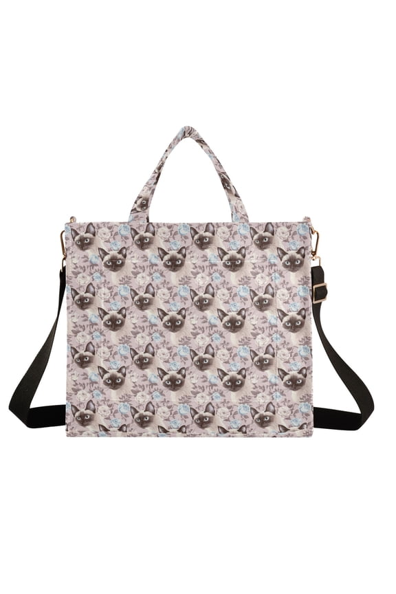 Wobogo Rose Siamese Cat Corduroy Tote Bag for Women Travel Crossbody Bag Purse Women Shoulder Bags Work Handbags Daily Commuter Bag 10.2×9inch