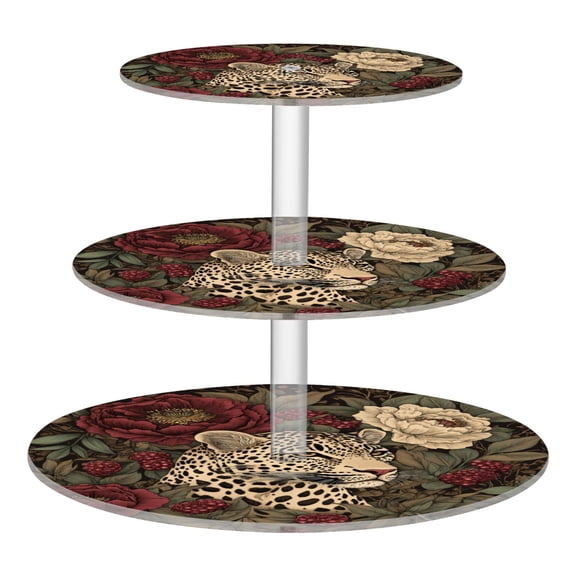 Wobogo Roses Leopard 3 Tier Acrylic Cake Stand with Clear Round Hold for Wedding Holiday Birthday Baby Shower Tea Party