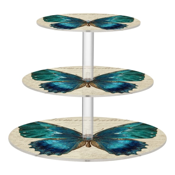 Wobogo Royal Blue Butterfly 3 Tier Acrylic Cake Stand with Clear Round Hold for Wedding Holiday Birthday Baby Shower Tea Party