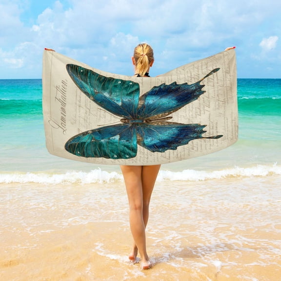 Wobogo Royal Blue Butterfly Beach Towel Sand Free Quick Dry Absorbent Thin Compact Towels for Vacation Trips to Swimming Pool Camping Beaches