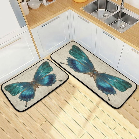 Wobogo Royal Blue Butterfly Kitchen Carpet Set of 2 Absorbent and Stain Resistant Non-slip Star Rubber Backing