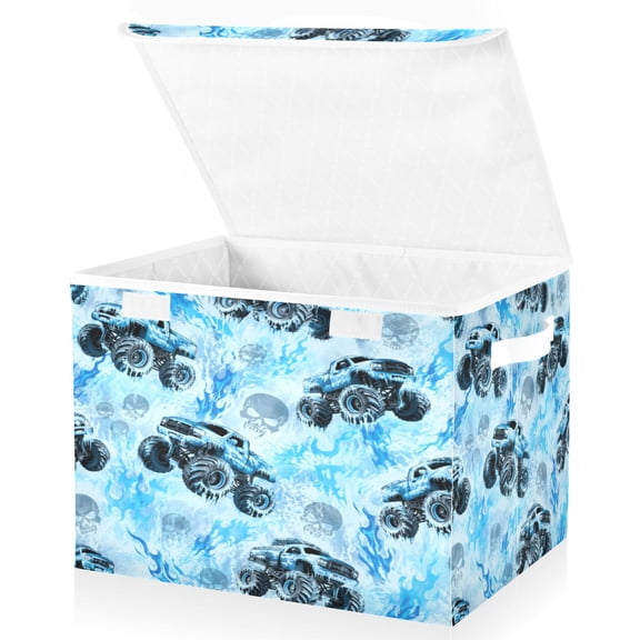 Wobogo Royal Blue Monster Truck Large Collapsible Storage Box Flip Lid Fabric Decorative Organizer Container Basket with Handles 16.512.611.8in
