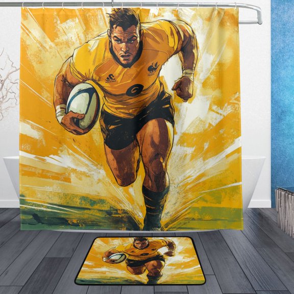Wobogo Rugby Player Running on The Field Of Play Bathroom Shower Curtain Set with Floor Mat and Hooks Ultra Waterproof Visible Slider Beads