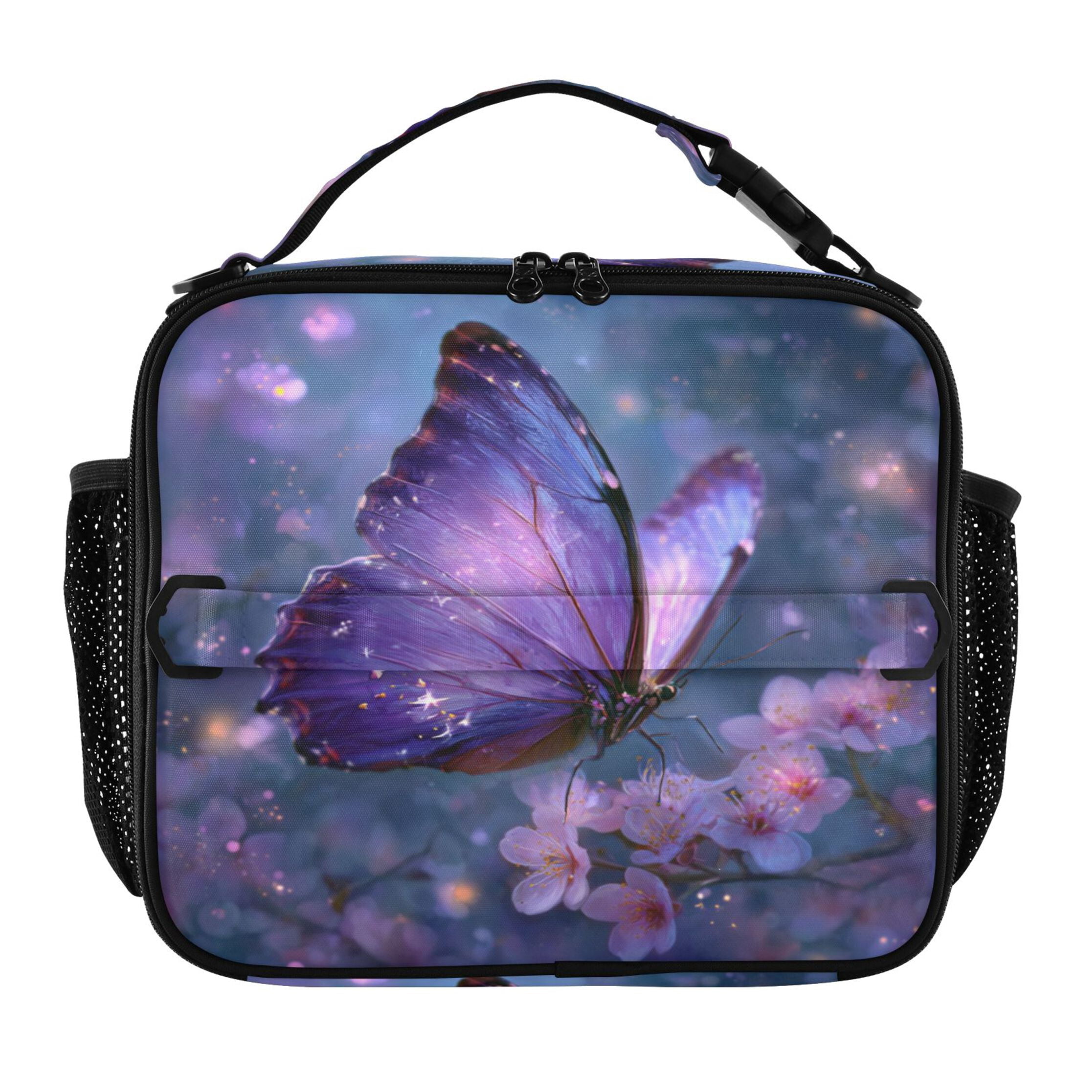 Wobogo Sakura Purple Butterfly Lunch Bag Insulated Portable Cooler Tote Bag for for Adults Kids Work Office School Picnic Beach