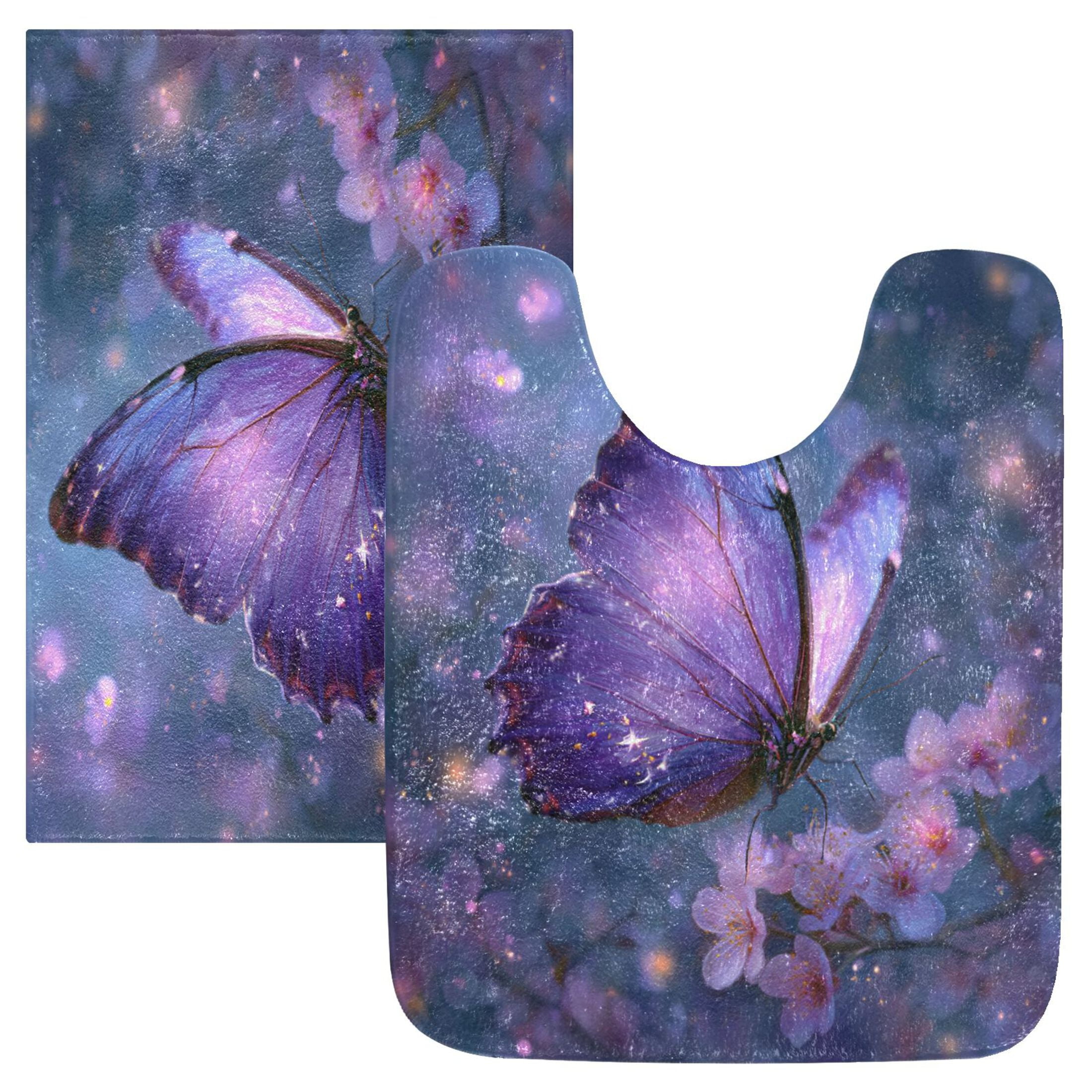 Wobogo Sakura Purple Butterfly U-Shaped Toilet Bath Mat Set Super Soft Absorbent Quick Dry Memory Foam Non Slip Bathroom Rugs for Tub Shower and Single Sink