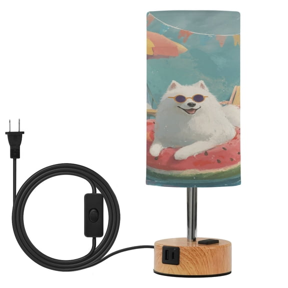 Wobogo Samoyed Dog Bedside Lamp Touch Control Table Lamp with USB A+C Charging Ports & AC Outlet 3-Way Dimmable Nightstand Lamp with Linen Fabric Shade for Bedroom Living Room