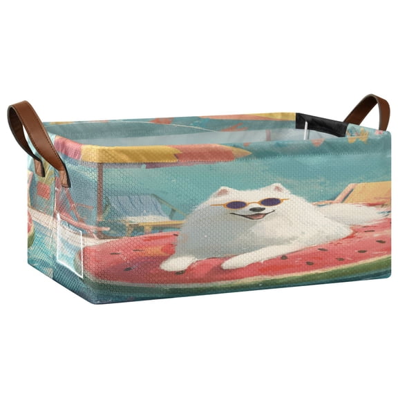Wobogo Samoyed Dog Storage Basket Soccer Plaid Fabric Oversized Collapsible Hoard Box with Metal Iron Frame 16.9×11.4×7.7in