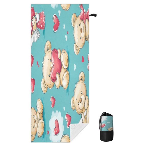 Wobogo Sand Free Beach Towel Adorable Teddy Bears Heart Pattern Quick Dry Waffle Towel with Magnet Corners Travel Pool Camping