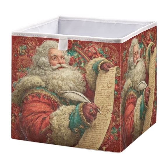 Wobogo Santa Claus Writing Illustration Storage Basket Foldable Easy to Clean Durable with Hollow Support Plate with Handle 11.02×11.02×11.02 in