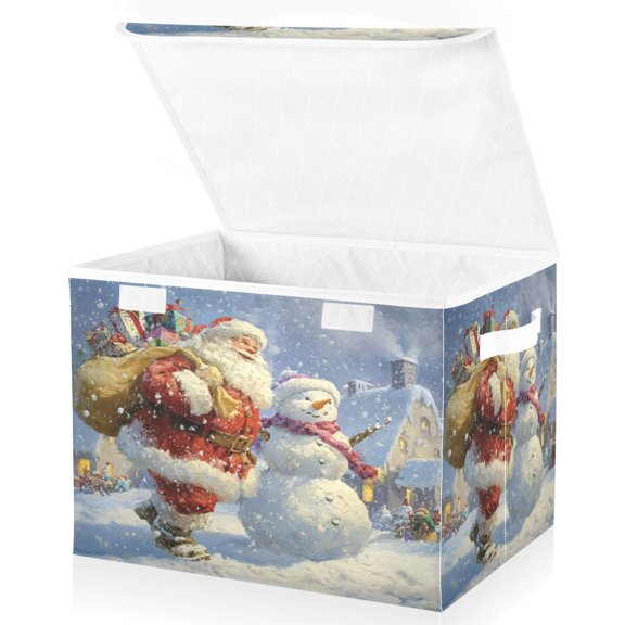 Wobogo Santa Claus and Snowman Large Collapsible Storage Box Flip Lid Fabric Decorative Organizer Container Basket with Handles 16.512.611.8in