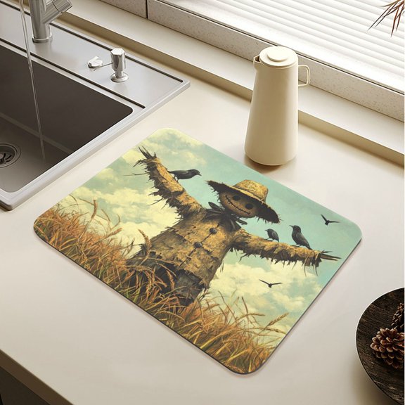 Wobogo Scarecrow in A Rice Field with Sparrows Dish Drying Mats Diatomaceous Earth Super Absorbent Non-slip Rubber Sole 15.7×11.8in