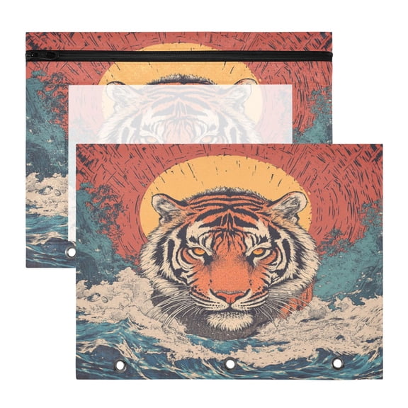 Wobogo Sea Sunrise Tiger Pattern A4 Size Clear Polyester File Pocket Set of 2 Zipper Home Work Office Organizer