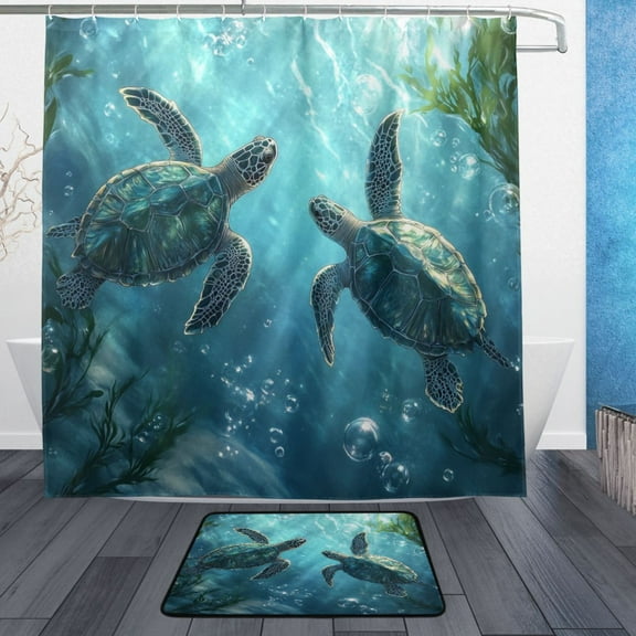 Wobogo Sea Turtle Bathroom Shower Curtain Set with Floor Mat and Hooks Ultra Waterproof Visible Slider Beads