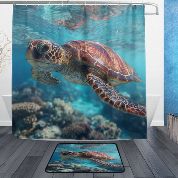 Wobogo Sea Turtle Bathroom Shower Curtain Set with Floor Mat and Hooks Ultra Waterproof Visible Slider Beads
